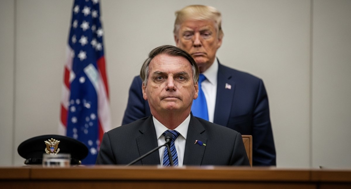 Ilustração de Bolsonaro no banco dos réus, mesmo sob a proteção de Trump